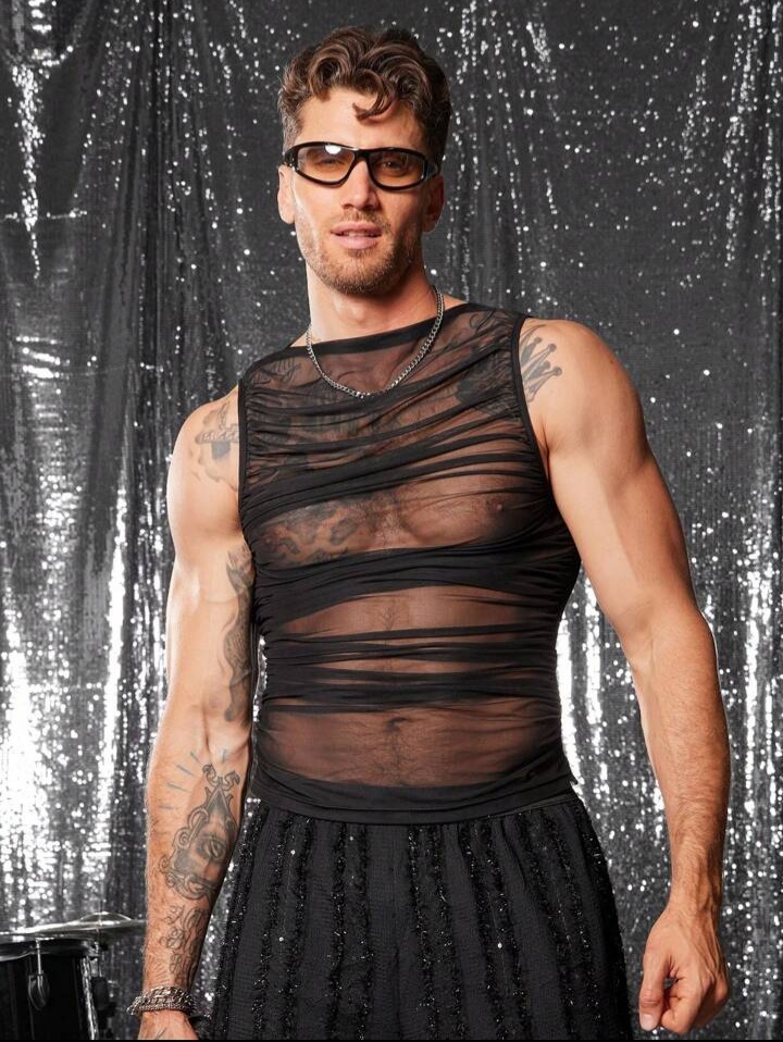Man's Mesh Top For Men Ruched Design Tight Fit